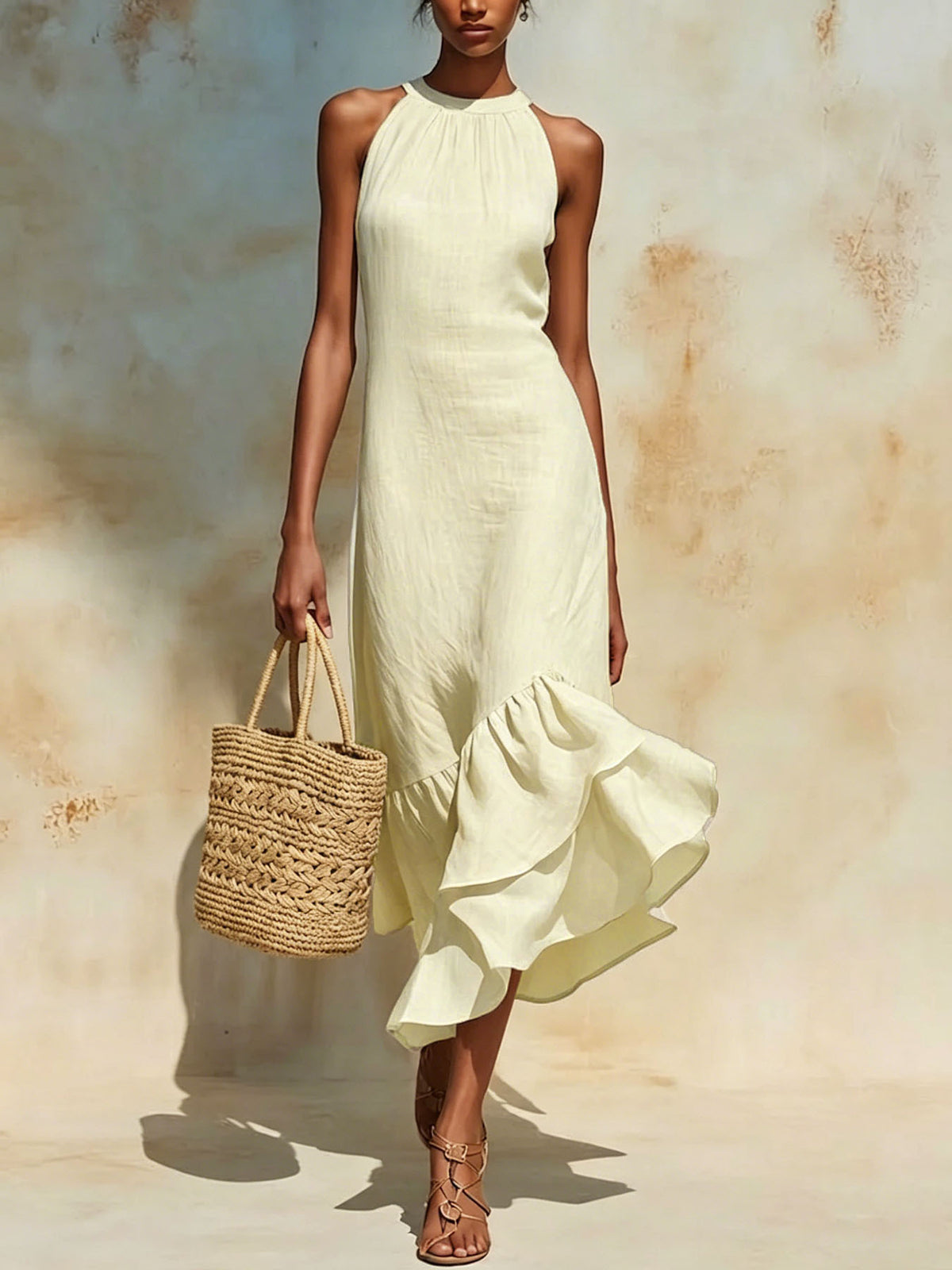 Womens Asymmetrical Hem Linen Dress