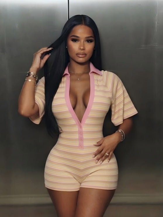 Womens Ribbed V-Neck Bodysuit Shorts