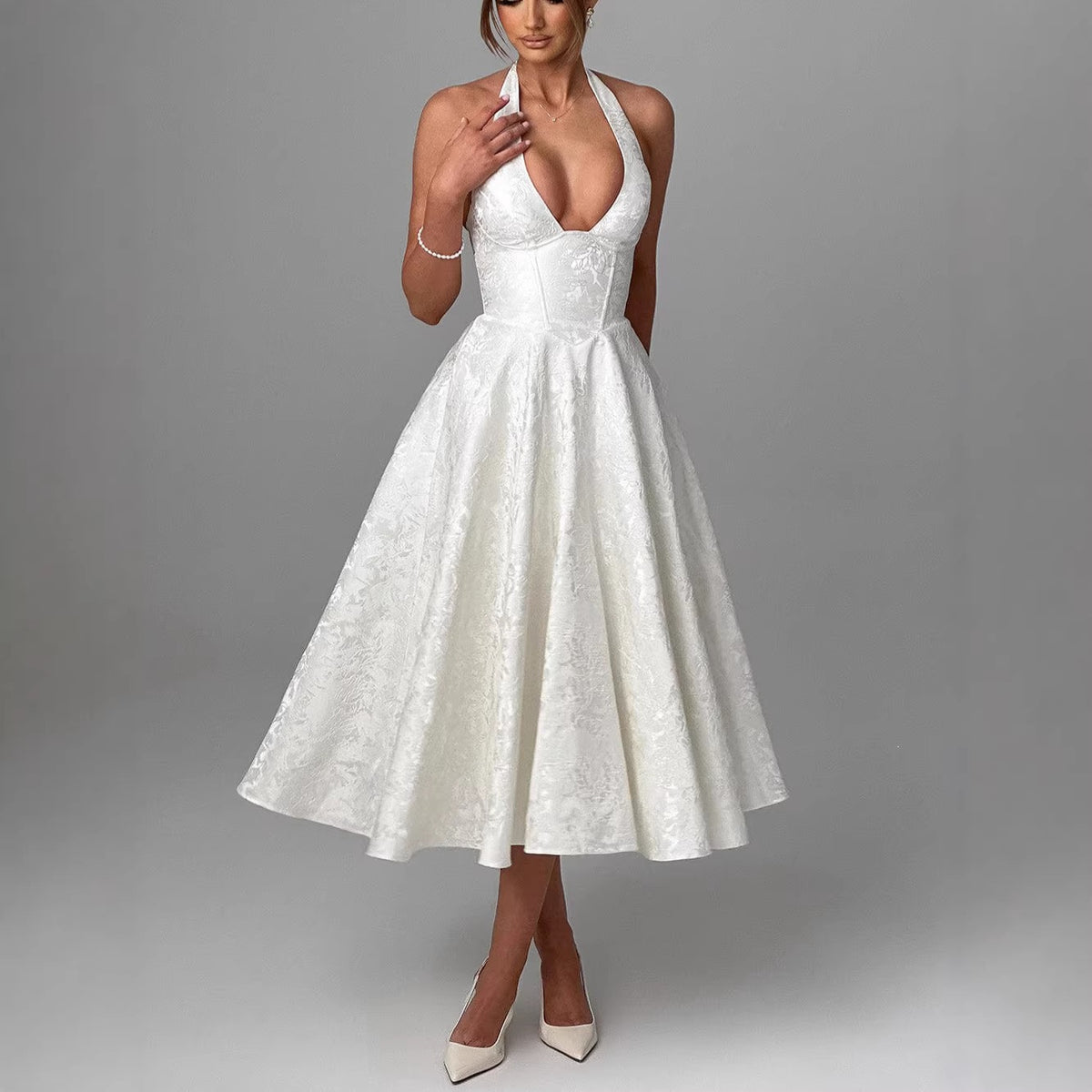 Jacquard Halter Neck Evening Gown