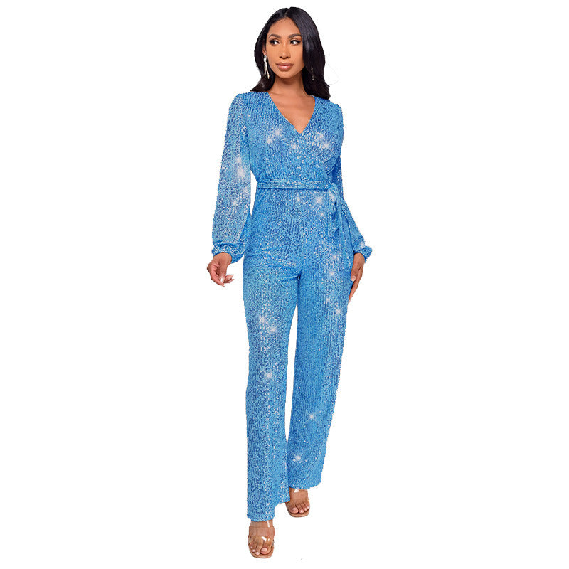 Women's Long Sleeve Deep V Neck Jumpsuit with Sequined Belt