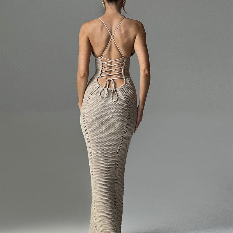 Womens V-Neck Backless Knitted Dress