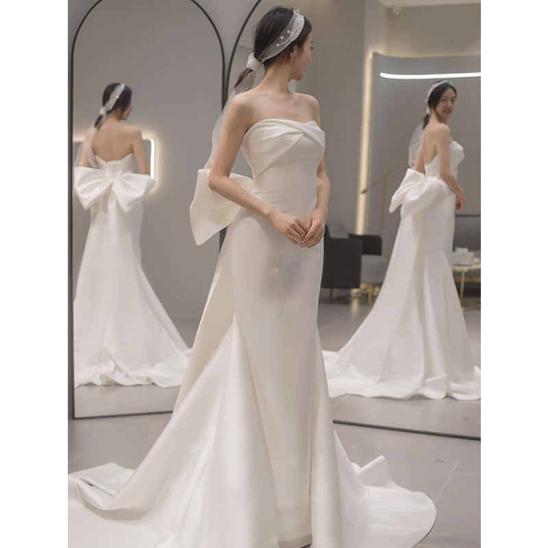 White satin strapless lightweight wedding dress