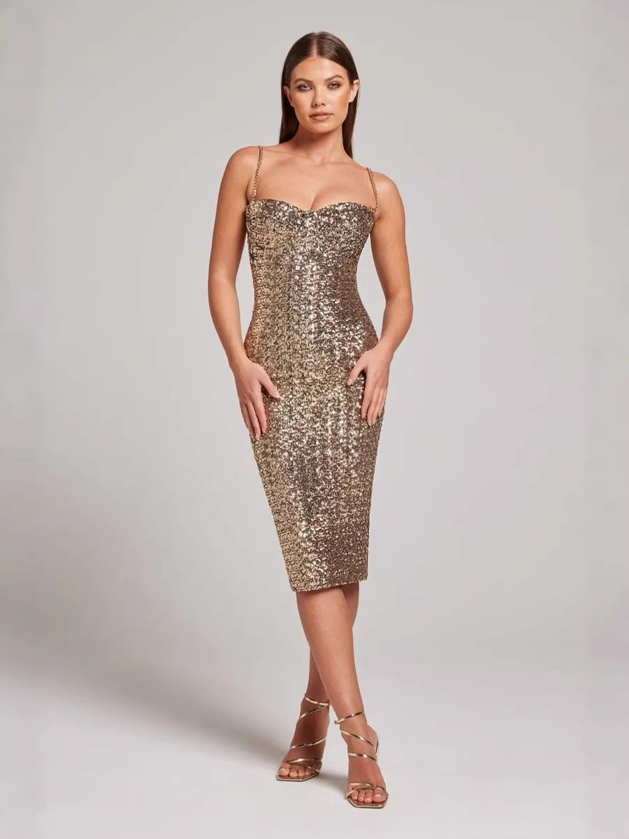 Womens Sequin Strapless Sleeveless Backless Evening Party Dress