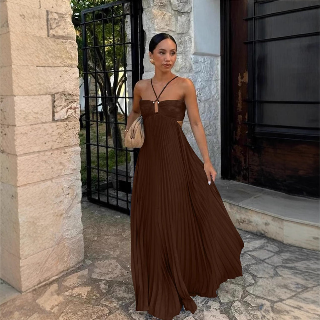 Solid Color Pleated Sleeveless Strap Dress