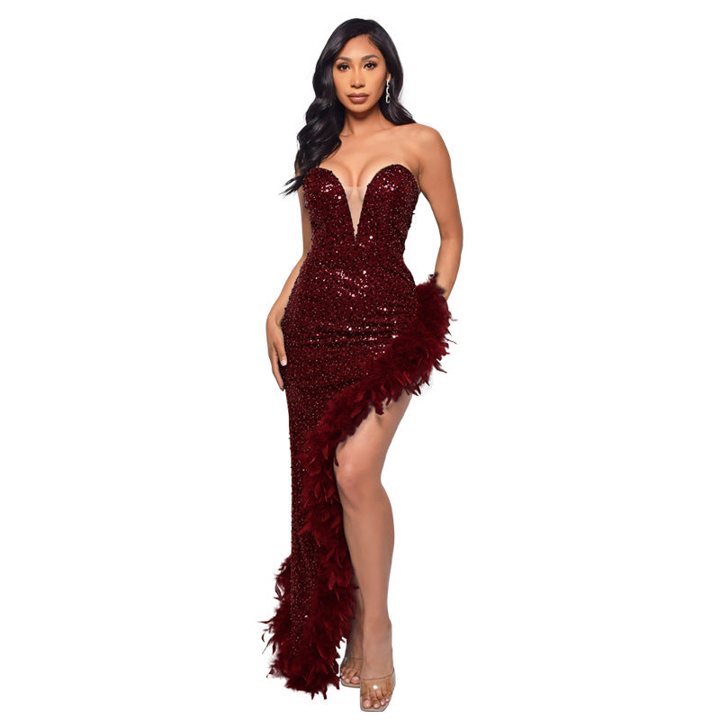 Sequin Feather Backless Long Dress
