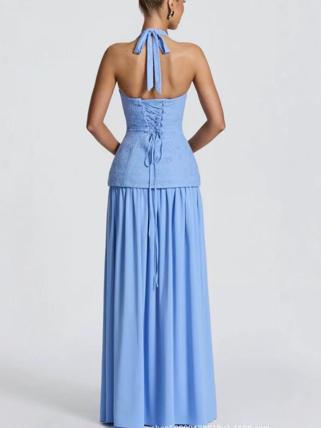 French-Style Halter Neck Lace Spliced Long Dress with Slit