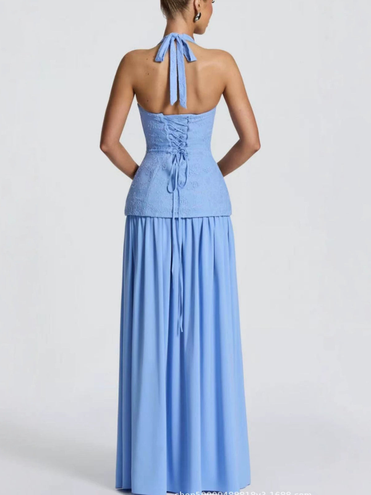 French-Style Halter Neck Lace Spliced Long Dress with Slit