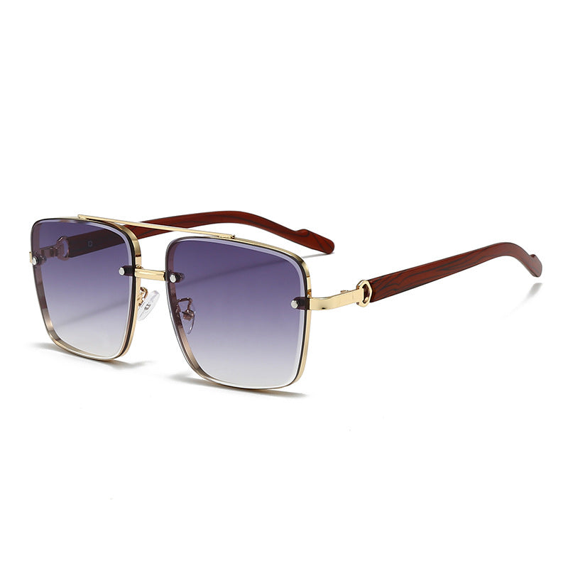 Retro Metal Double Bridge Sunglasses with Wood Grain Legs