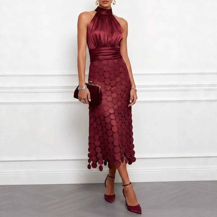 Women's Sleeveless High-Waisted Patchwork Polyester Mid-Length Dress