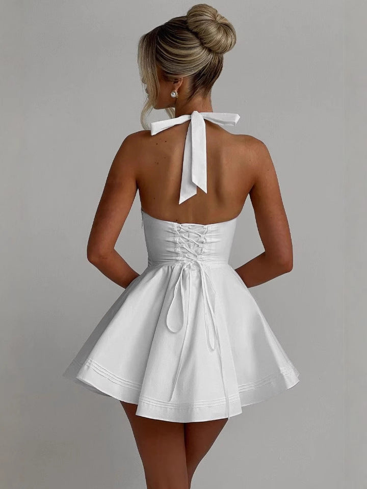 French Design Deep V Neck Open Back Halter Mini Dress Slim A-Line Summer Dress