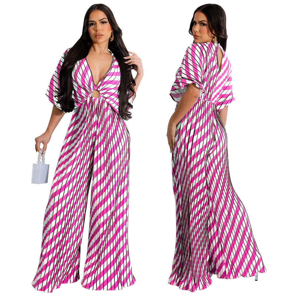 V-Neck Pleated Printed Casual Jumpsuit