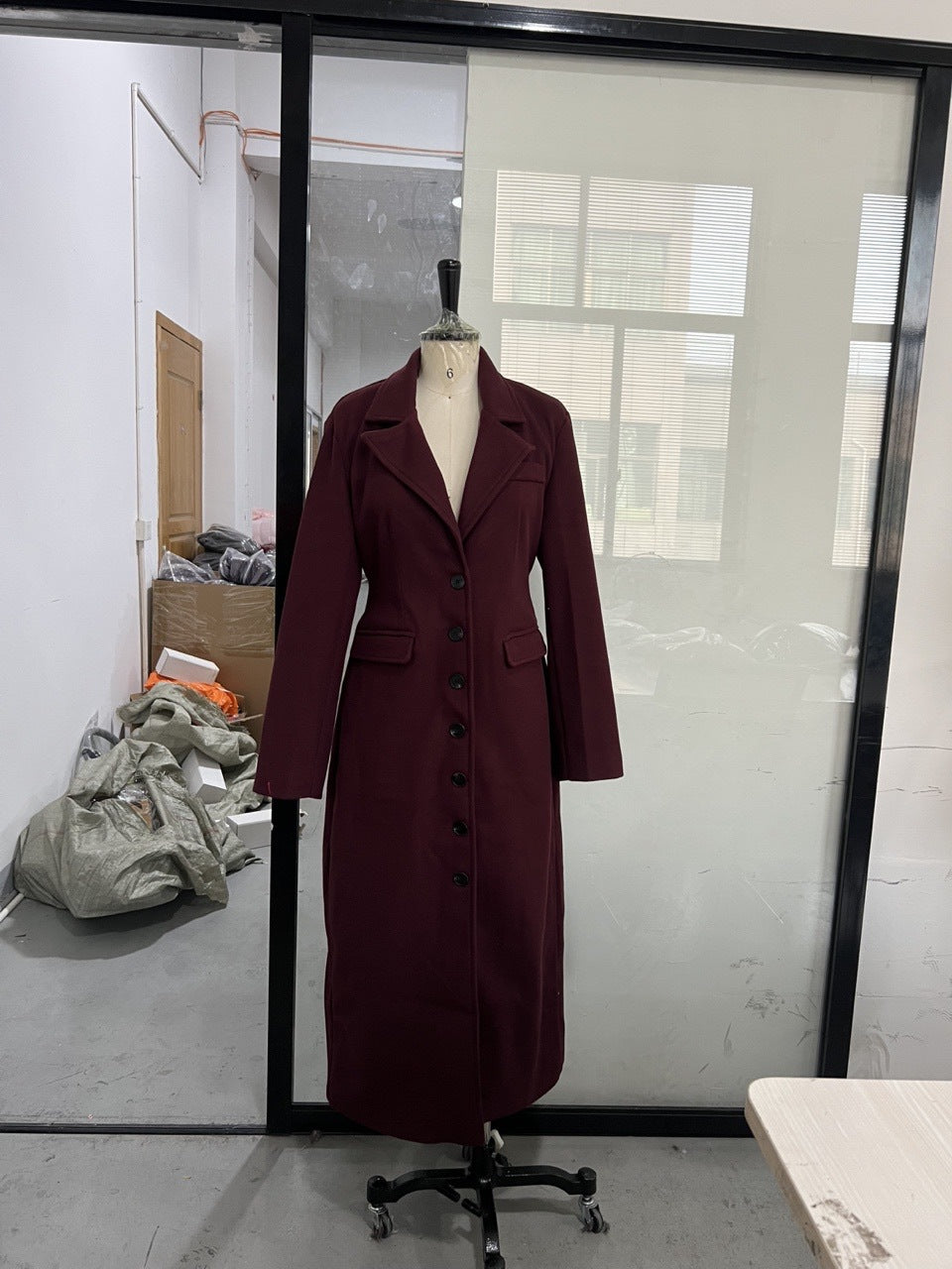 spring new lapel solid color single-breasted slim long coat