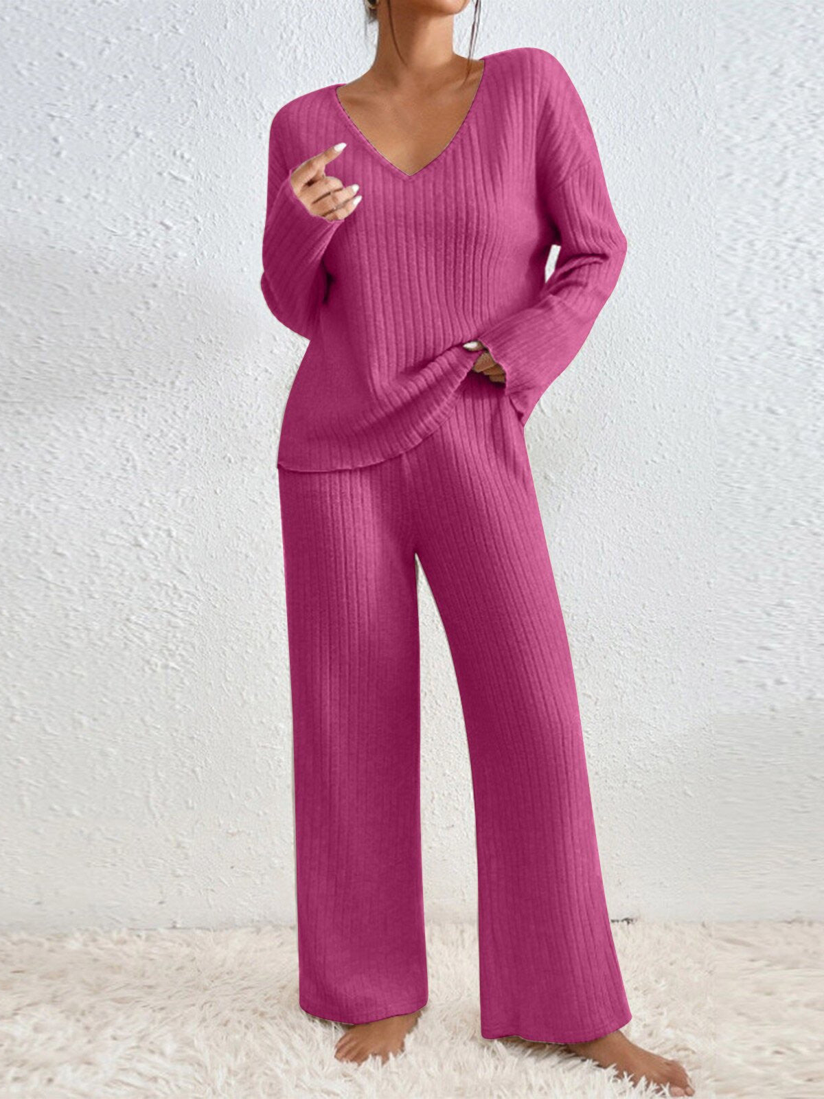Women V-Neck Loose Ribbed Knit Long Sleeve Top Suit Set
