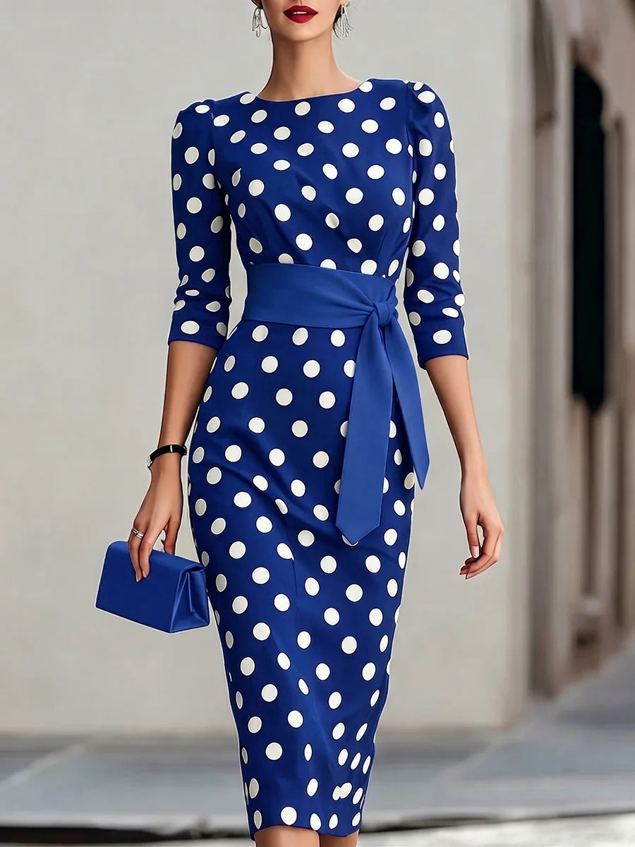 Retro Polka Dot Waist-Cinching Mid-Length Dress