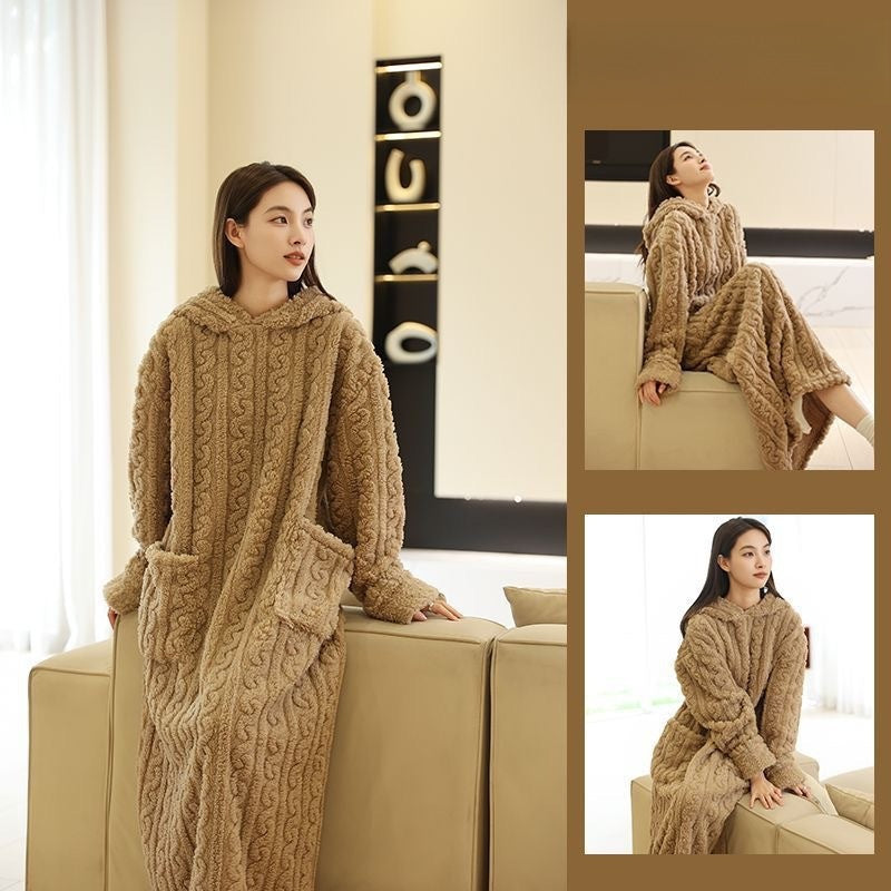 Women Hooded Coral Fleece Warm Long Sleeve Nightgown