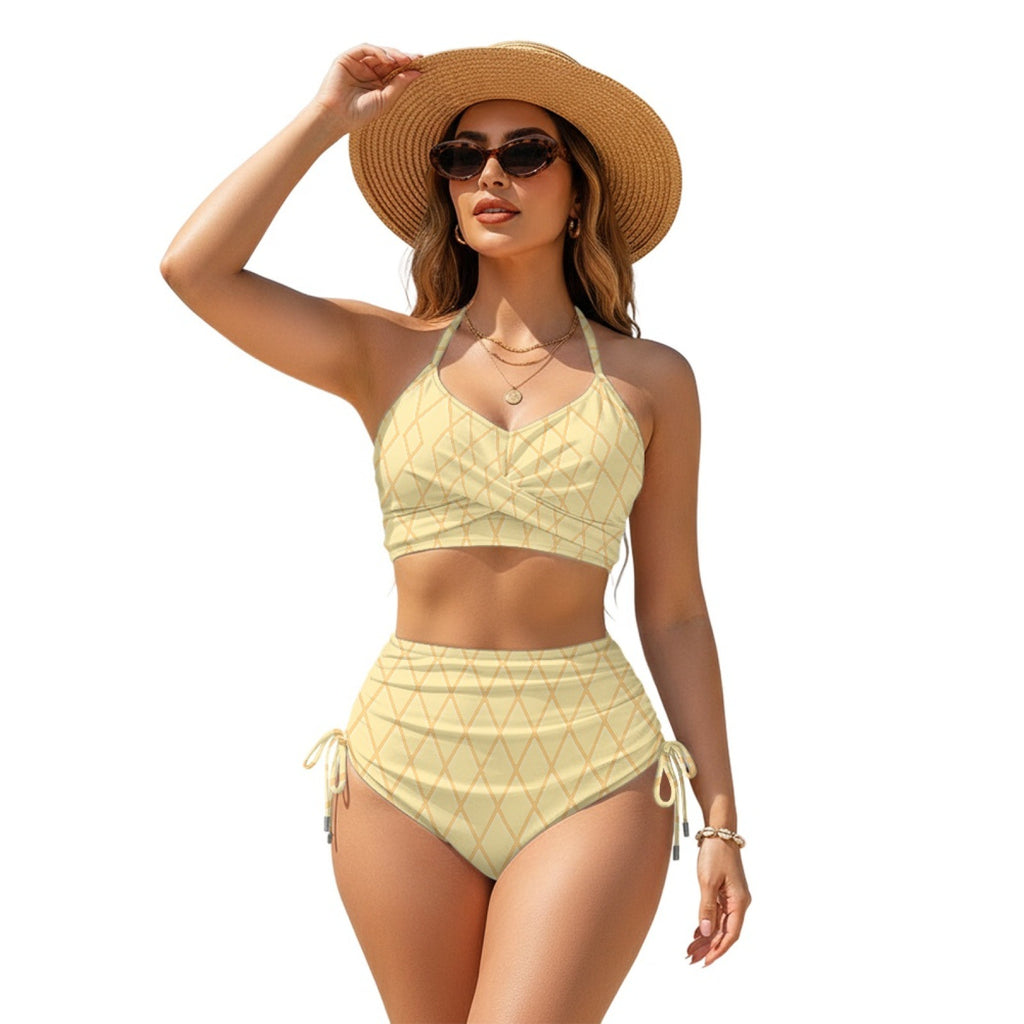 Women Sexy Animal Print High-Waist Drawstring Two-Piece Bikini Swimsuit