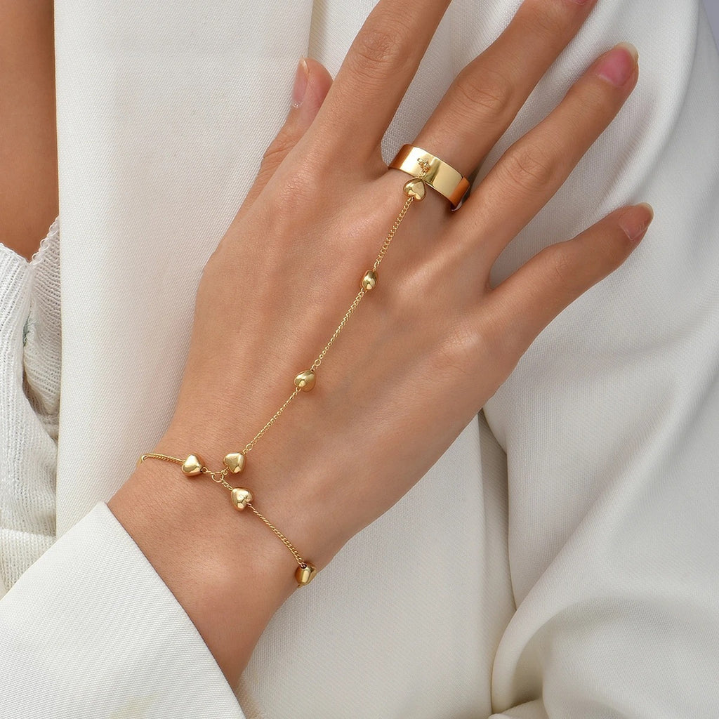 Vintage Heart Hand Chain Bracelet Ring Set for Women