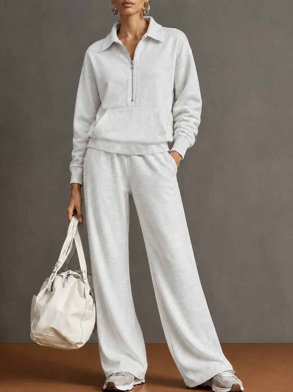 Women Two-Piece Half-Zip Sweatshirt and Wide-Leg Pants Set