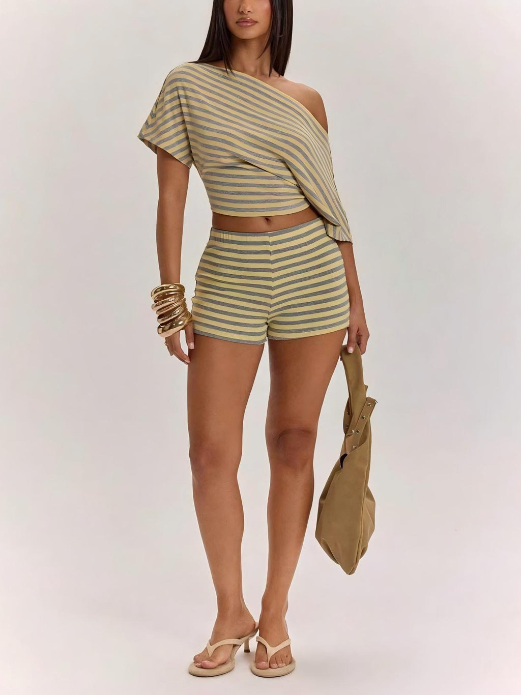 Off-Shoulder Short-Sleeve T-Shirt High-Waisted Shorts
