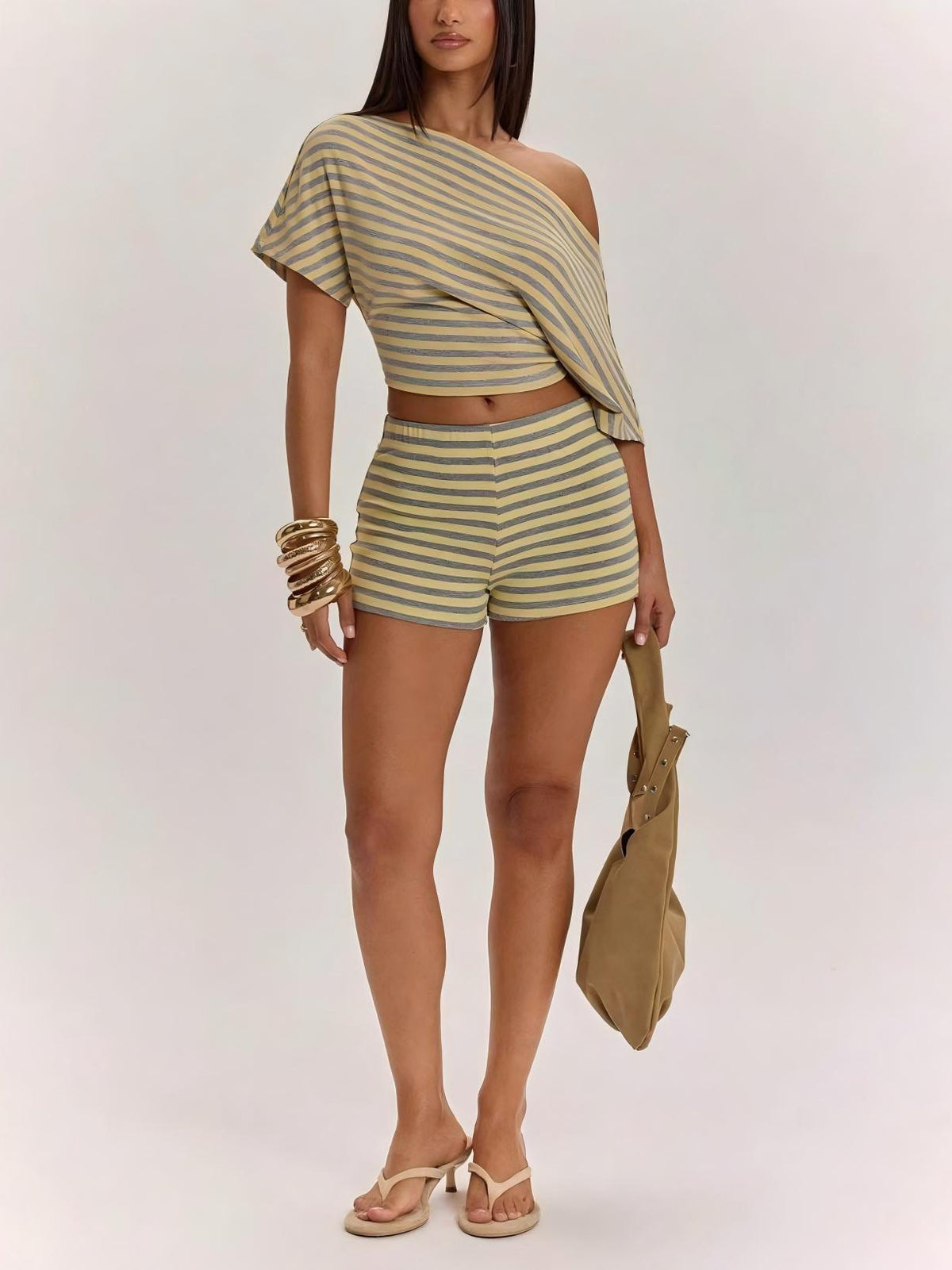 Off-Shoulder Short-Sleeve T-Shirt High-Waisted Shorts