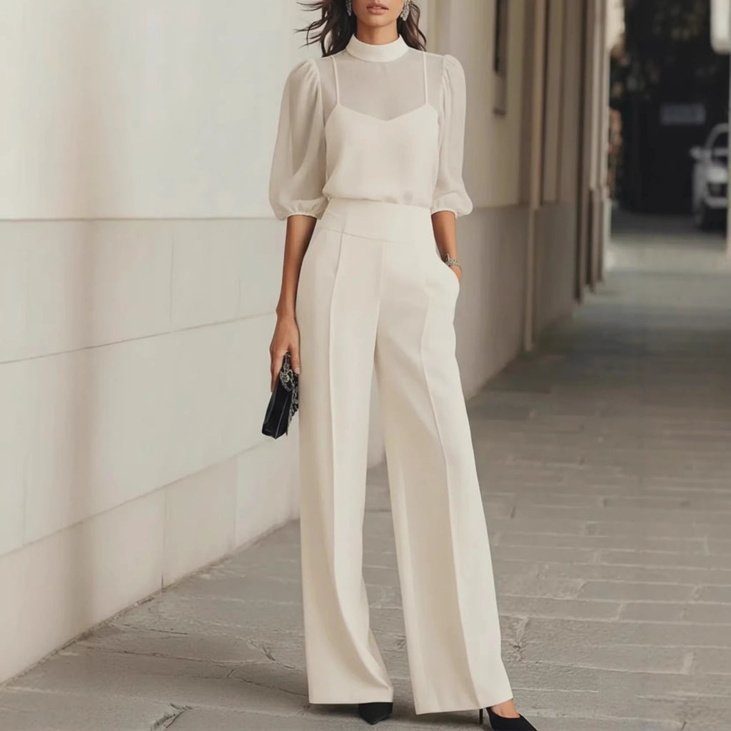 Women's Sheer Patchwork Wide-Leg Pants Set Two-Piece Outfit