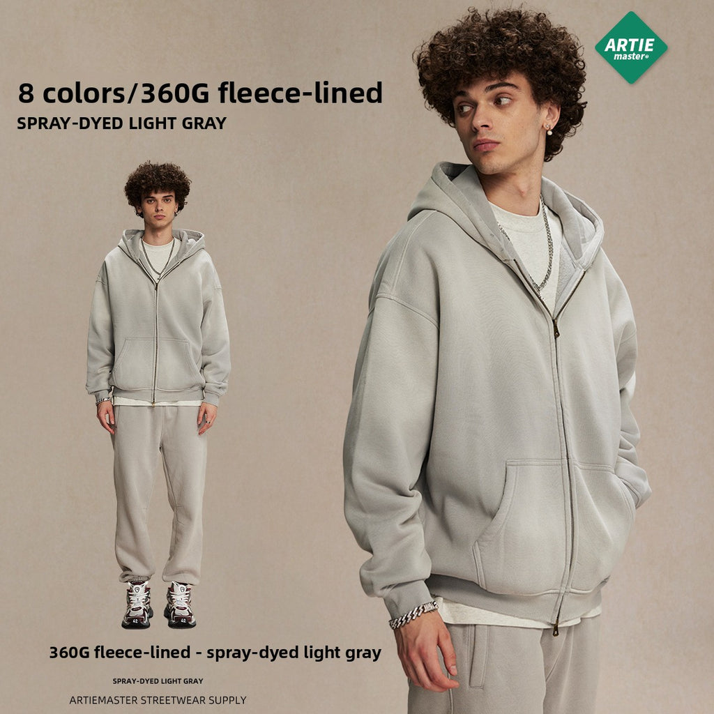 Men's garment dyeing distressed and padded double-headed zipper sweatshirt and pants set