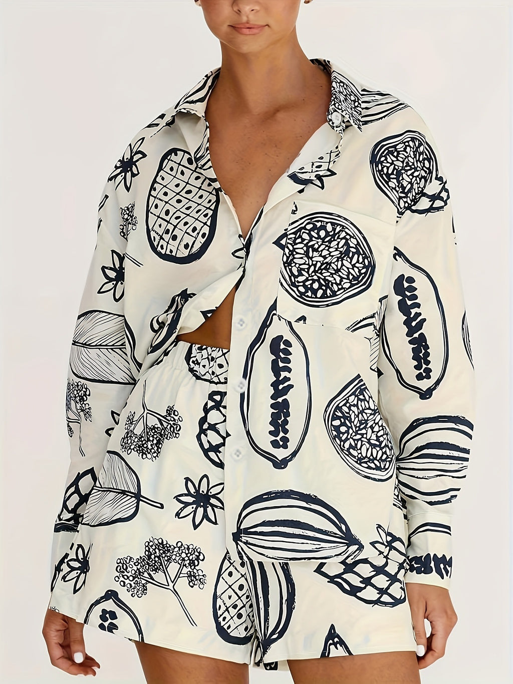 Fruit Print Loose Shirt and Shorts Set