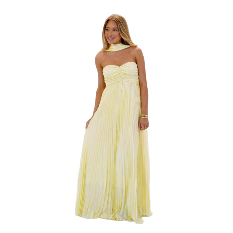Elegant Pleated Halter Neck Dress