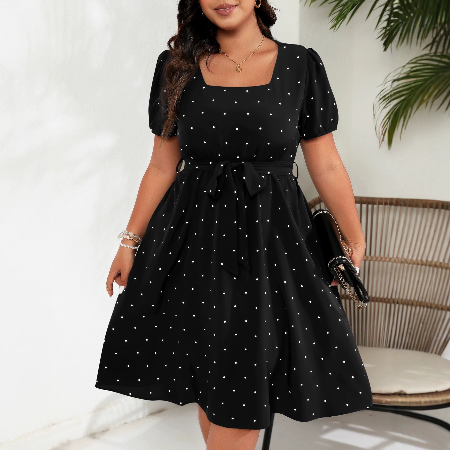 Polka Dot Square Neck Puff Sleeve Dress
