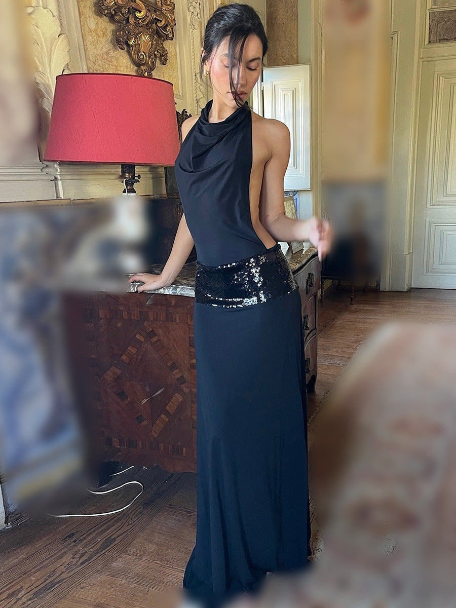 Swing Collar Back Cut Out Sequin Girdle Dress