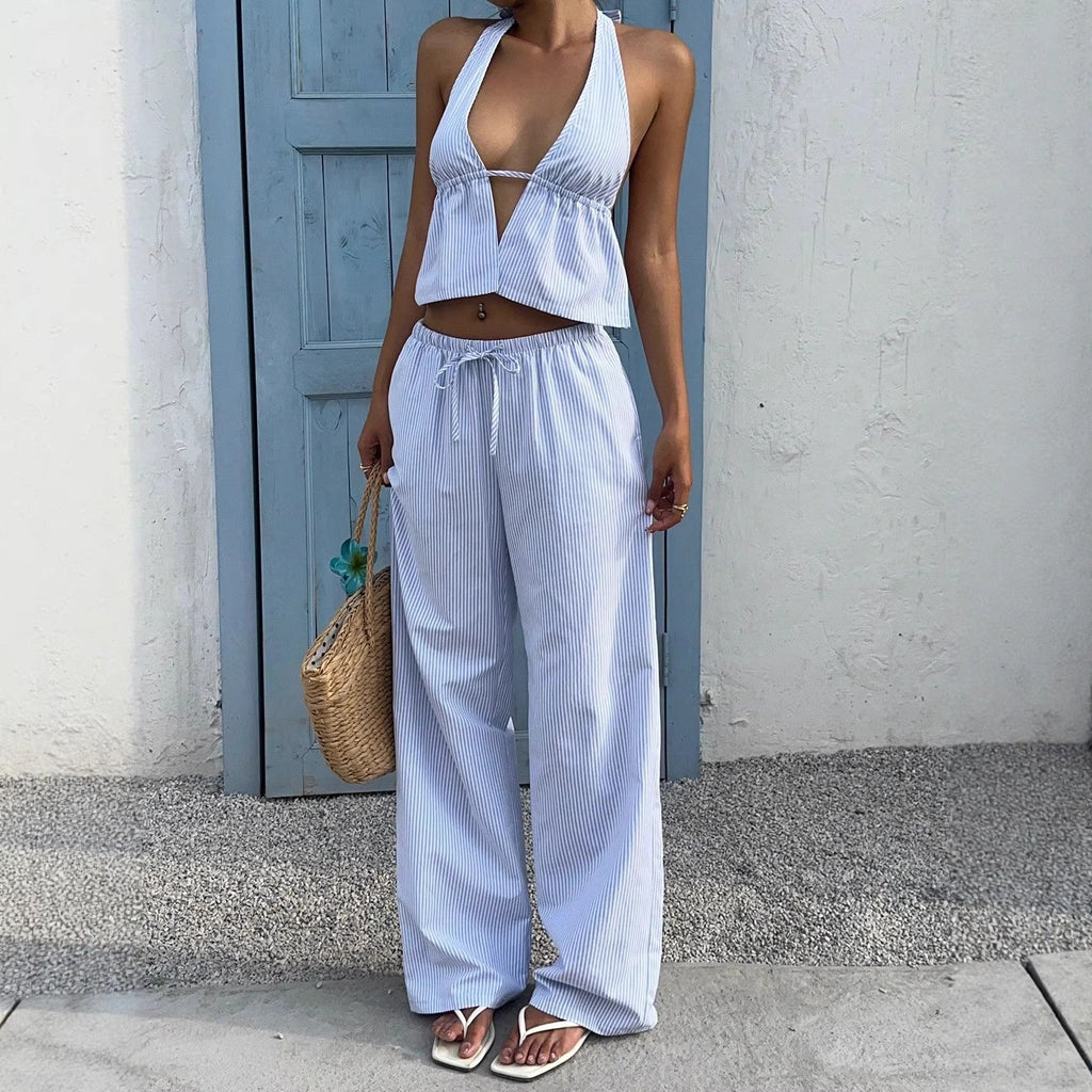 Striped V-Neck Tank Top and Straight-Leg Pants Set