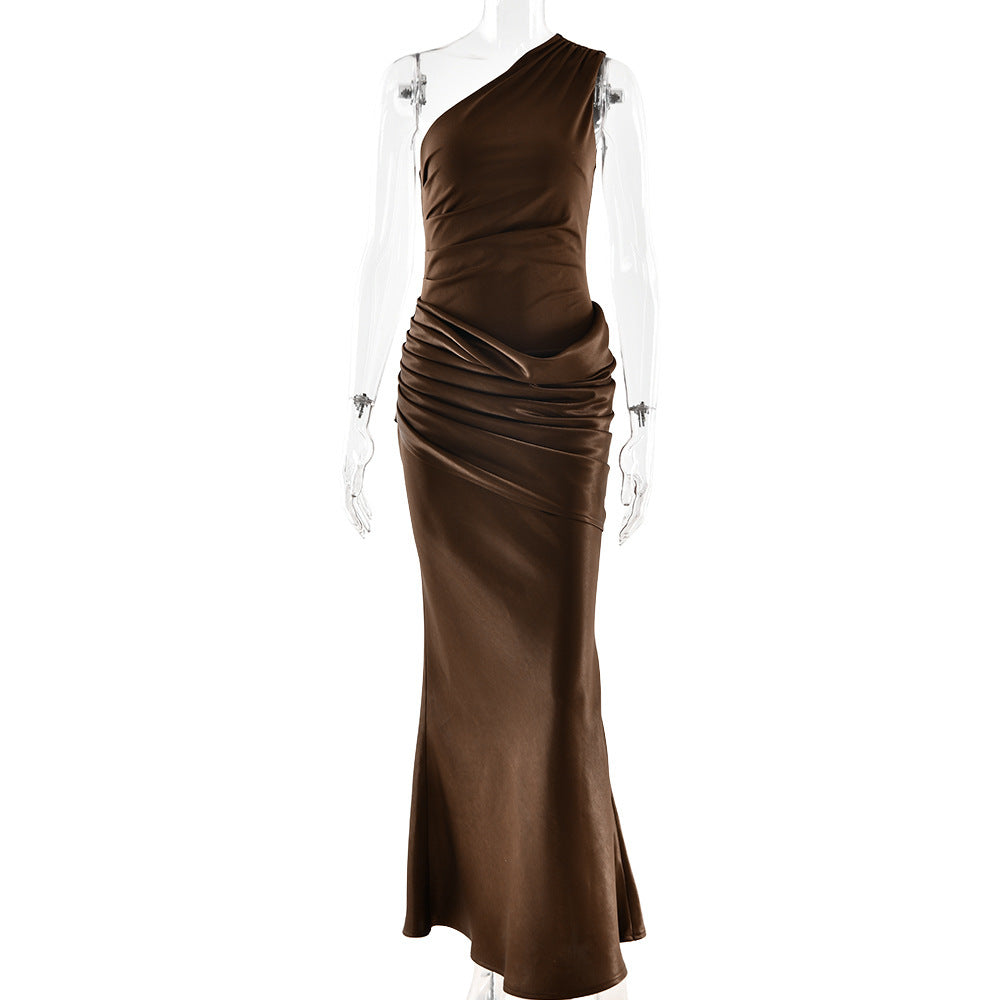 One-Shoulder Pleated Satin Long Dress