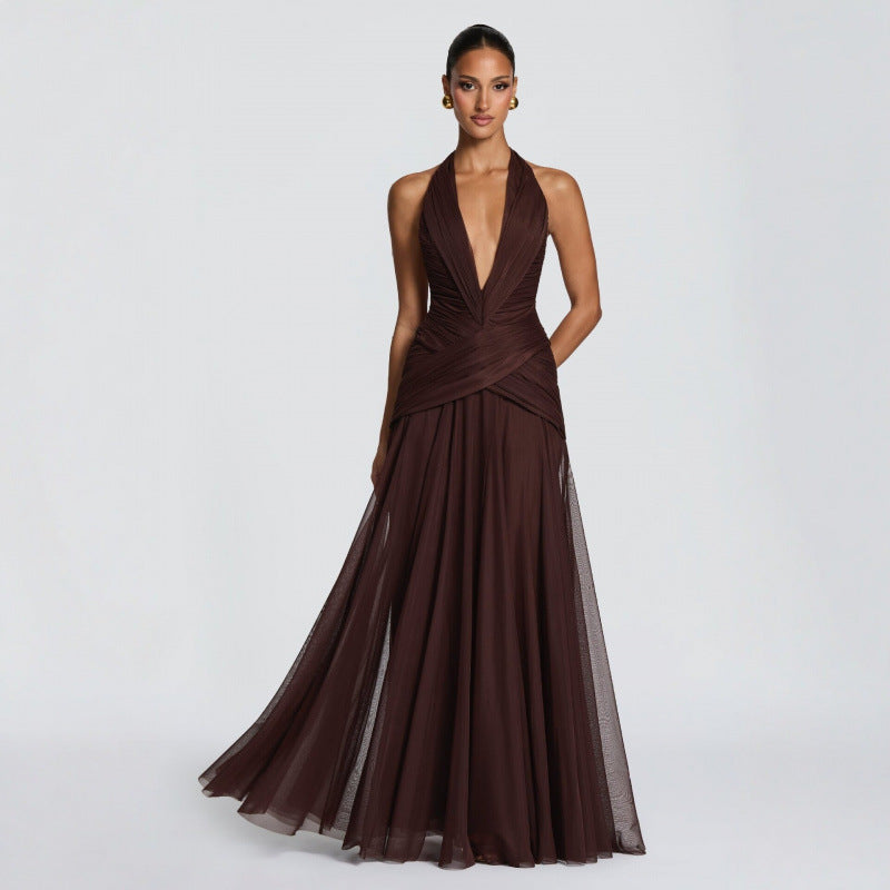 Womens Chiffon Deep V Neck Evening Gown