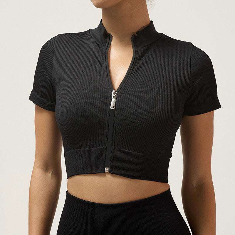 Women's Fitness Yoga Clothing Set with Zipper and High Collar