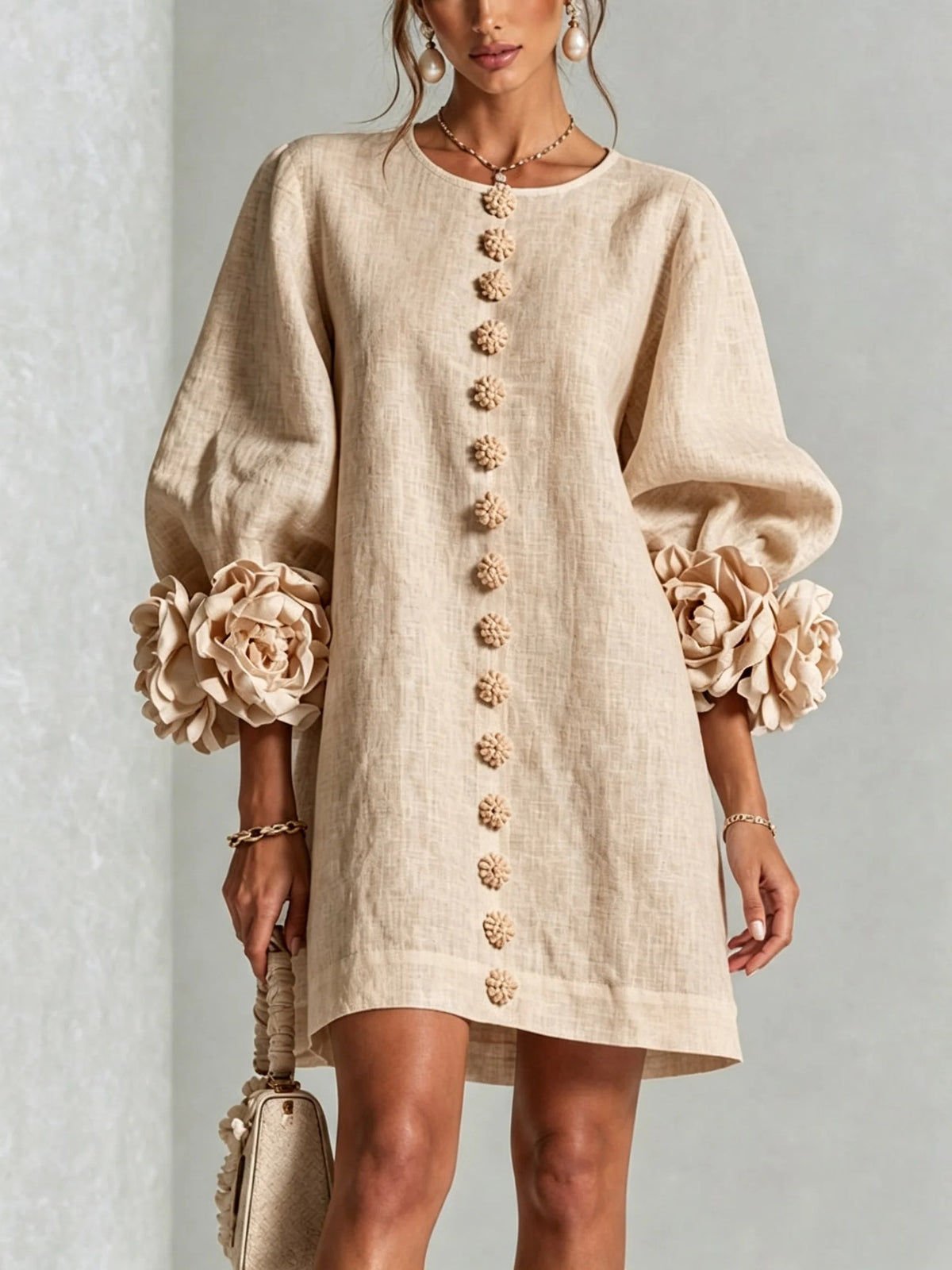 French Floral Cotton Linen A-Line Dress