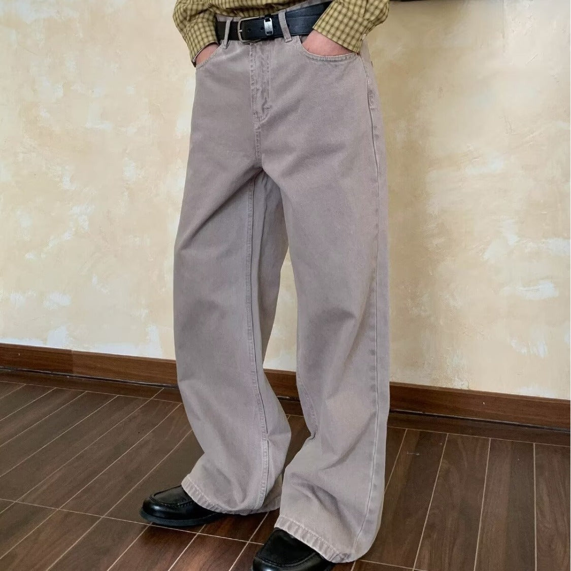 Retro washed oatmeal color loose wide-leg straight jeans