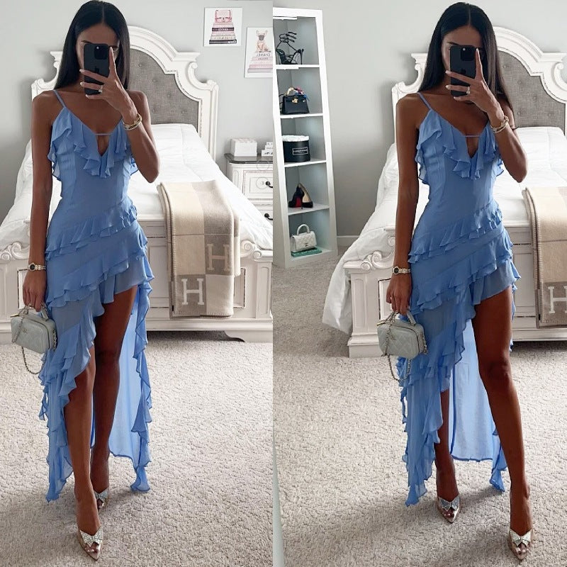 Strapless Irregular Ruffle Solid Color Dress