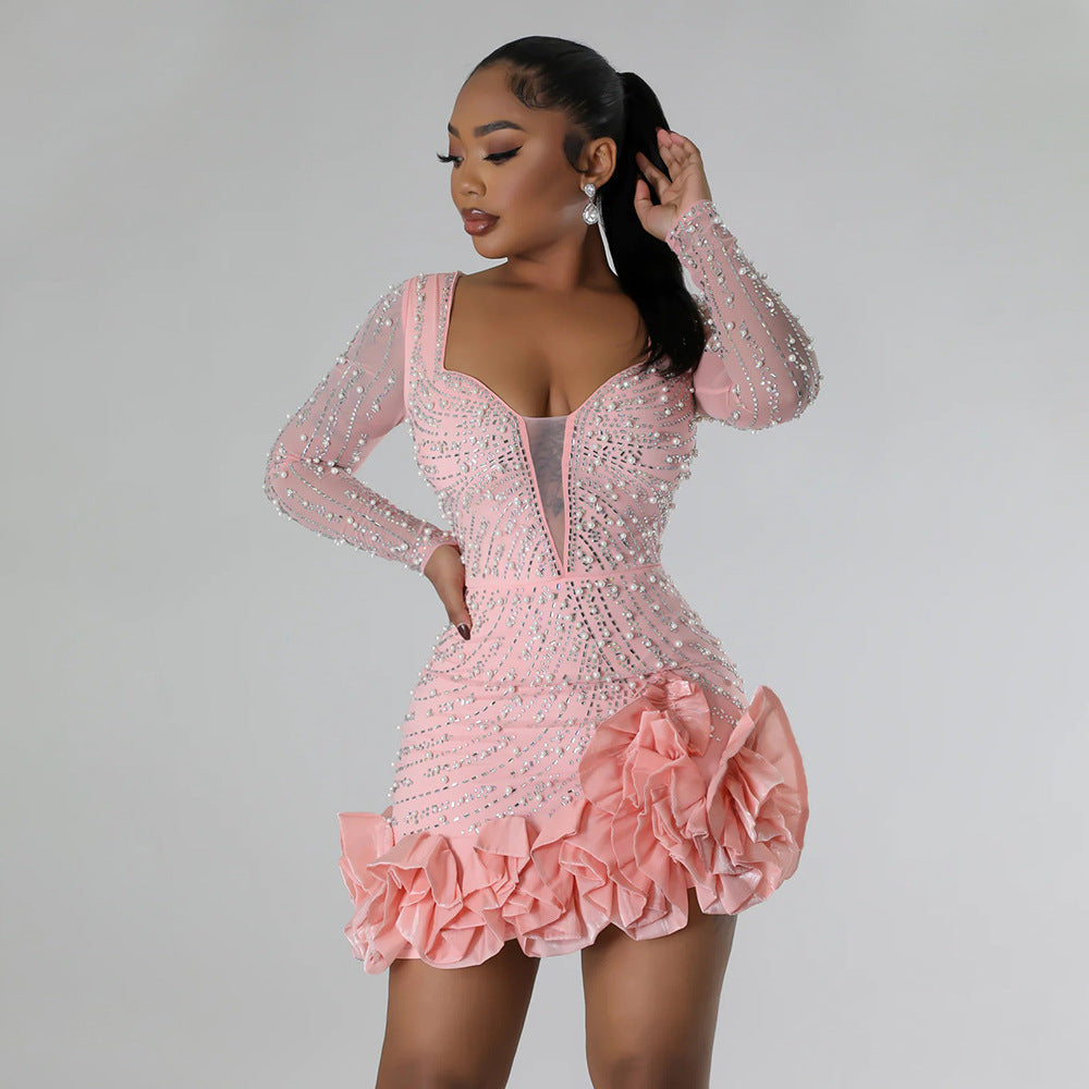 Drilling Bubble Beads Dress Women Long Sleeve Square Collar