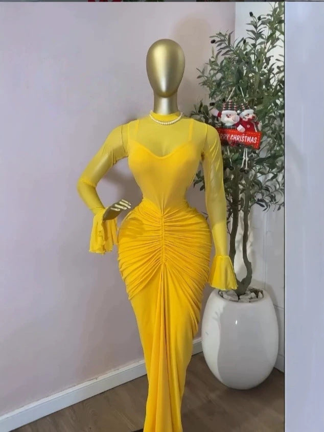 Womens Mesh Pleated Long Dress