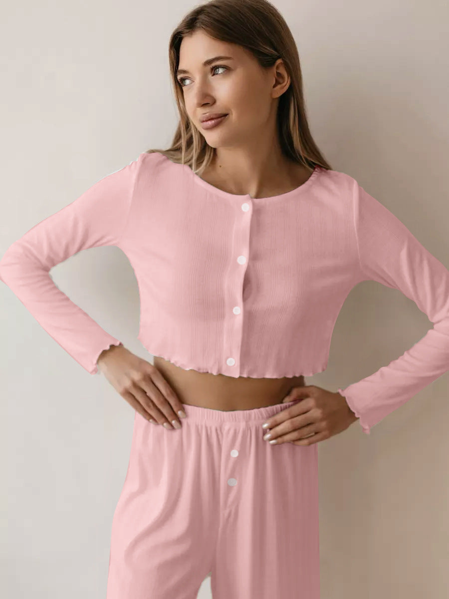 Women's Lapel Long Sleeve Knit Pajama Suit