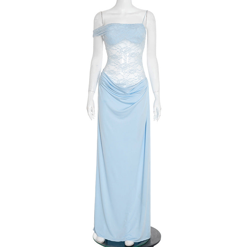 Women Solid Color Spaghetti Strap Lace Slim Fit Patchwork Dress