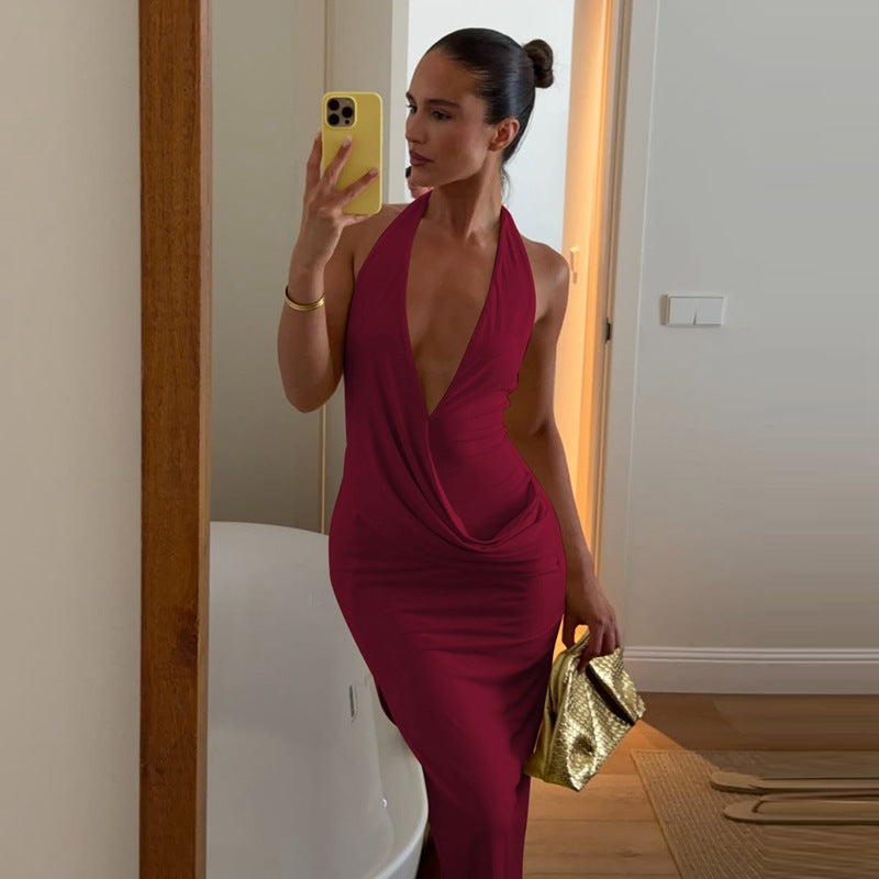 Halter Neck Deep V Backless Slit Dress