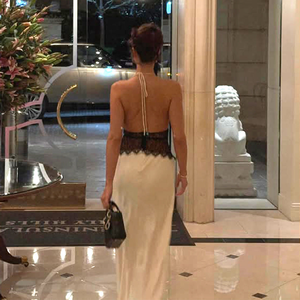 Womens Deep V Backless Lace Dress