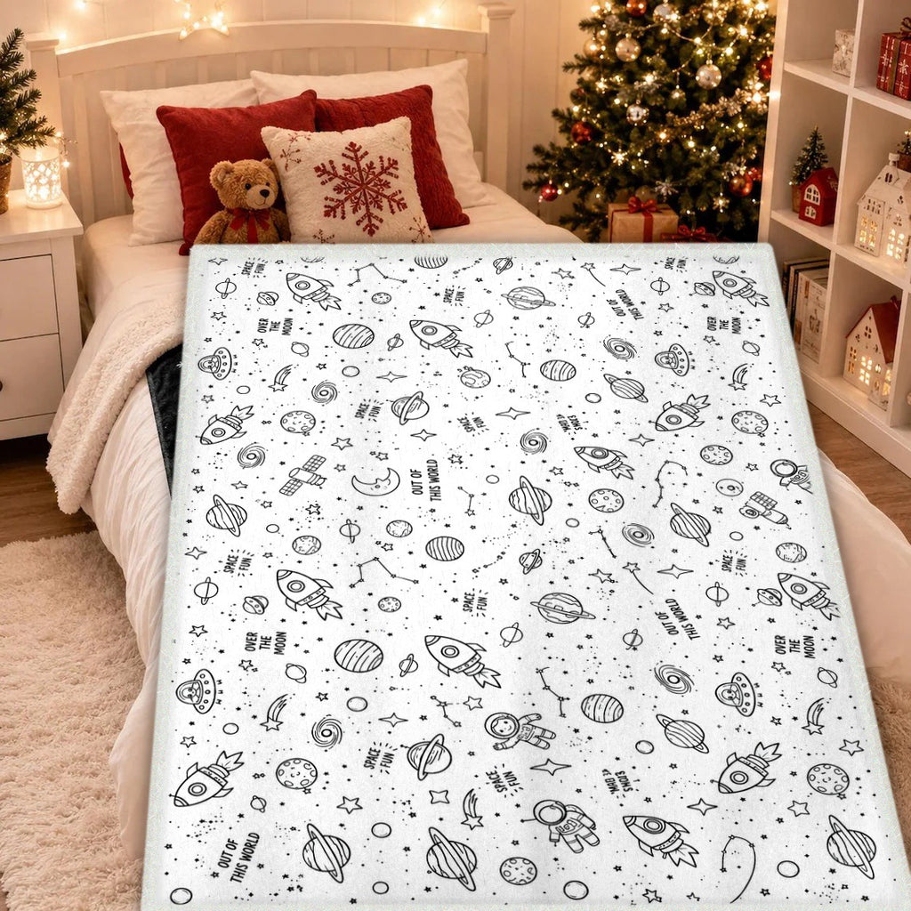 Black and white line-drawn graffiti rug