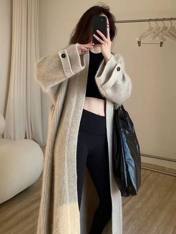 Womens Long Knitted Cardigan with V-Neck