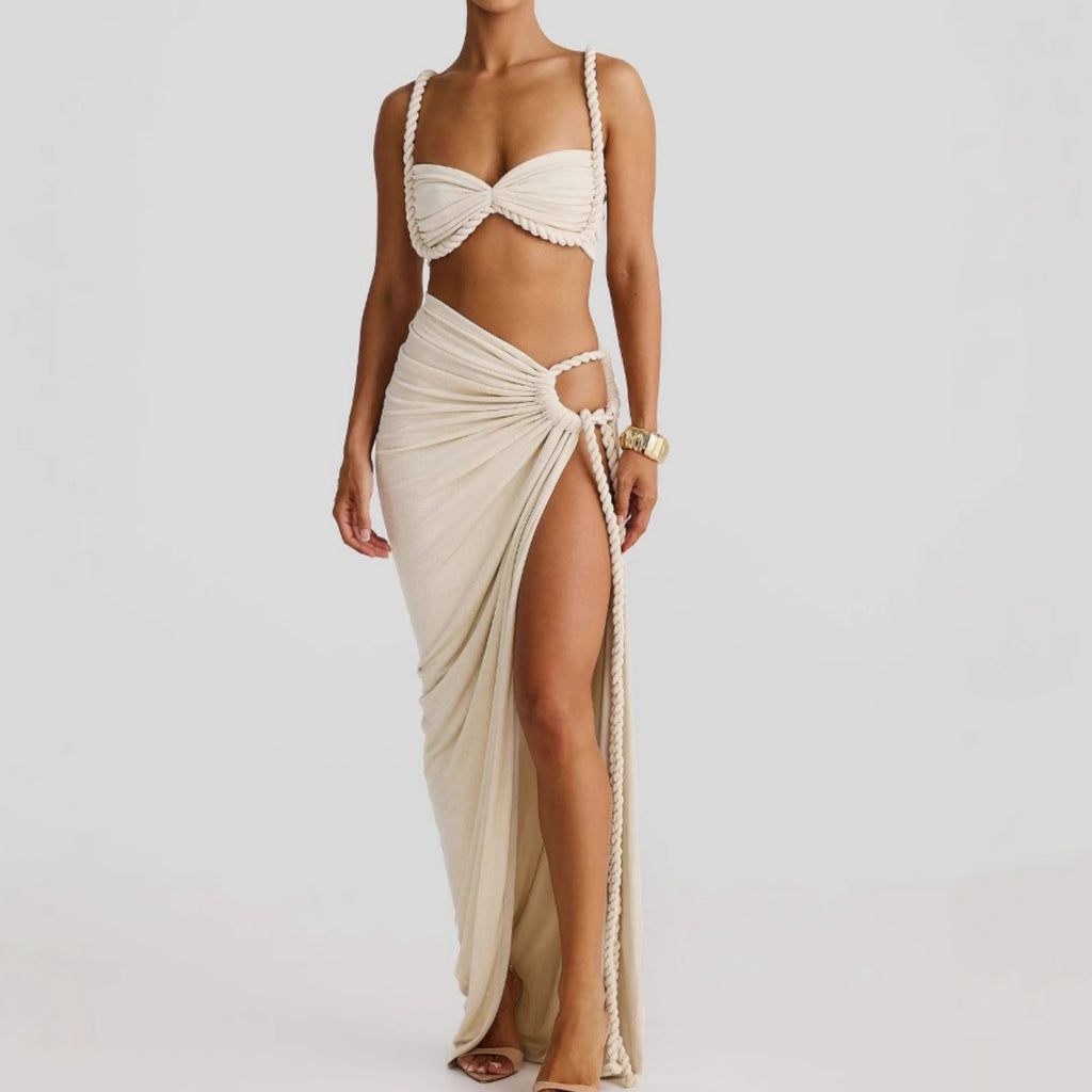 Braided Swimsuit Top and Slit Skirt
