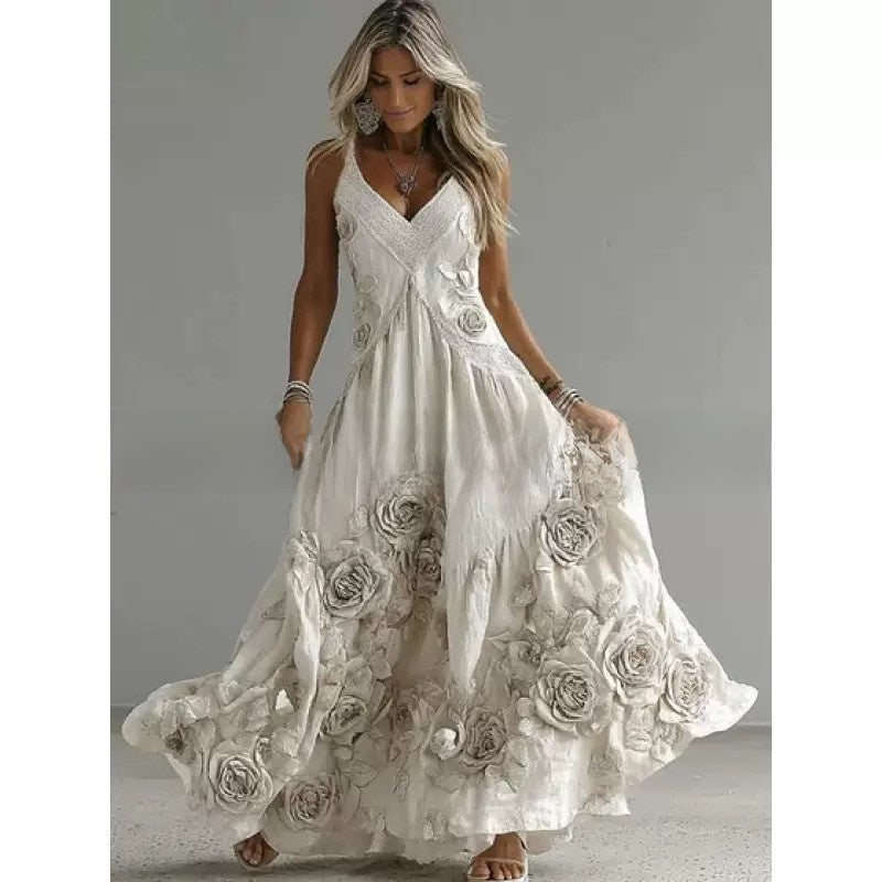 Women's Floral Print Deep V-Neck Sleeveless Slim Fit Midi Dress