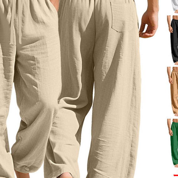Mens Cotton Linen Loose Fit Drawstring Casual Pants
