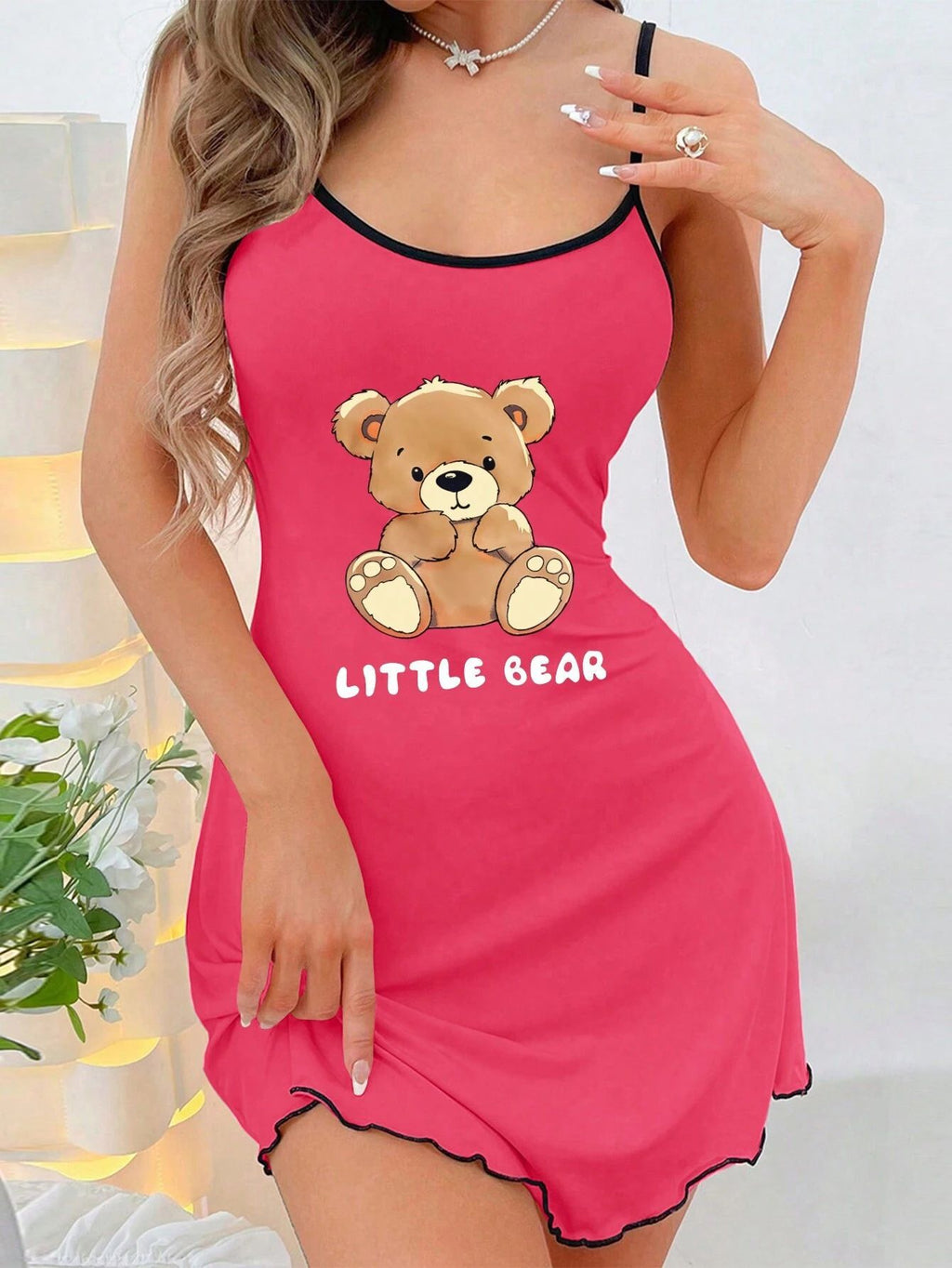 Womens Printed Camisole Nightgown Slim Fit Short Home Dress