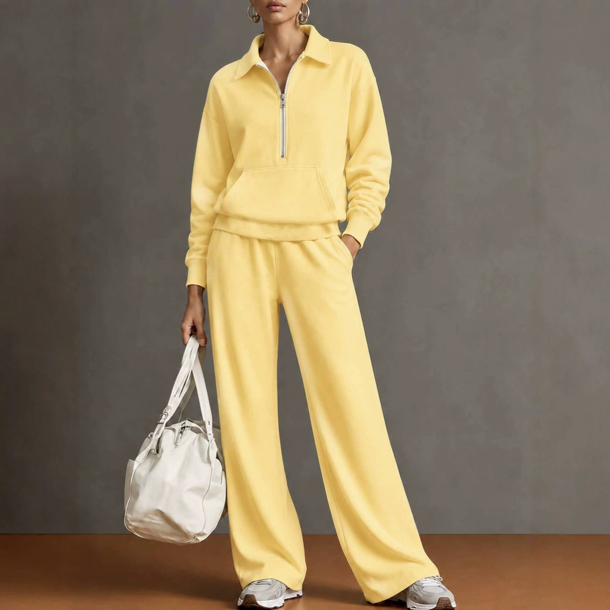 Women Two-Piece Half-Zip Sweatshirt and Wide-Leg Pants Set